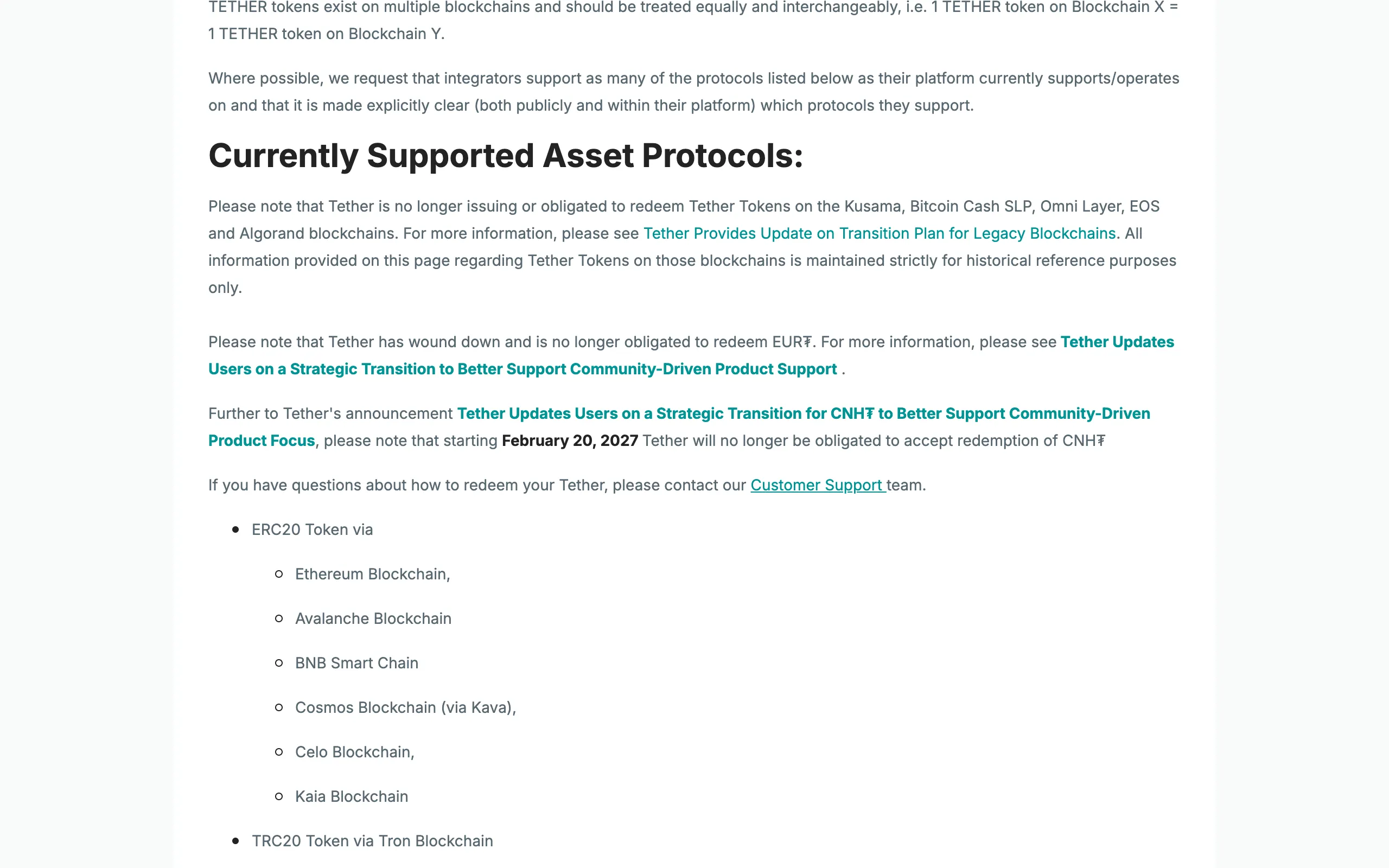 Tether 官网支持协议页面,列出以太坊、Avalanche、BNB Smart Chain、Tron 等区块链