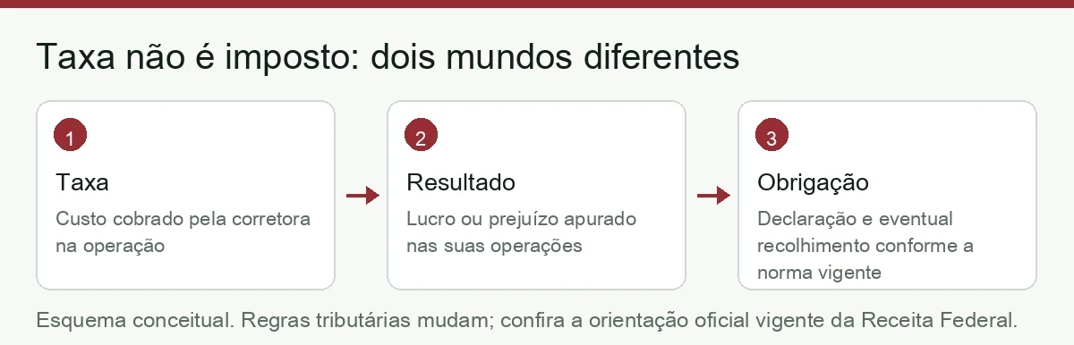 Esquema conceitual separando taxa (custo cobrado pela corretora), resultado apurado e obrigação tributária